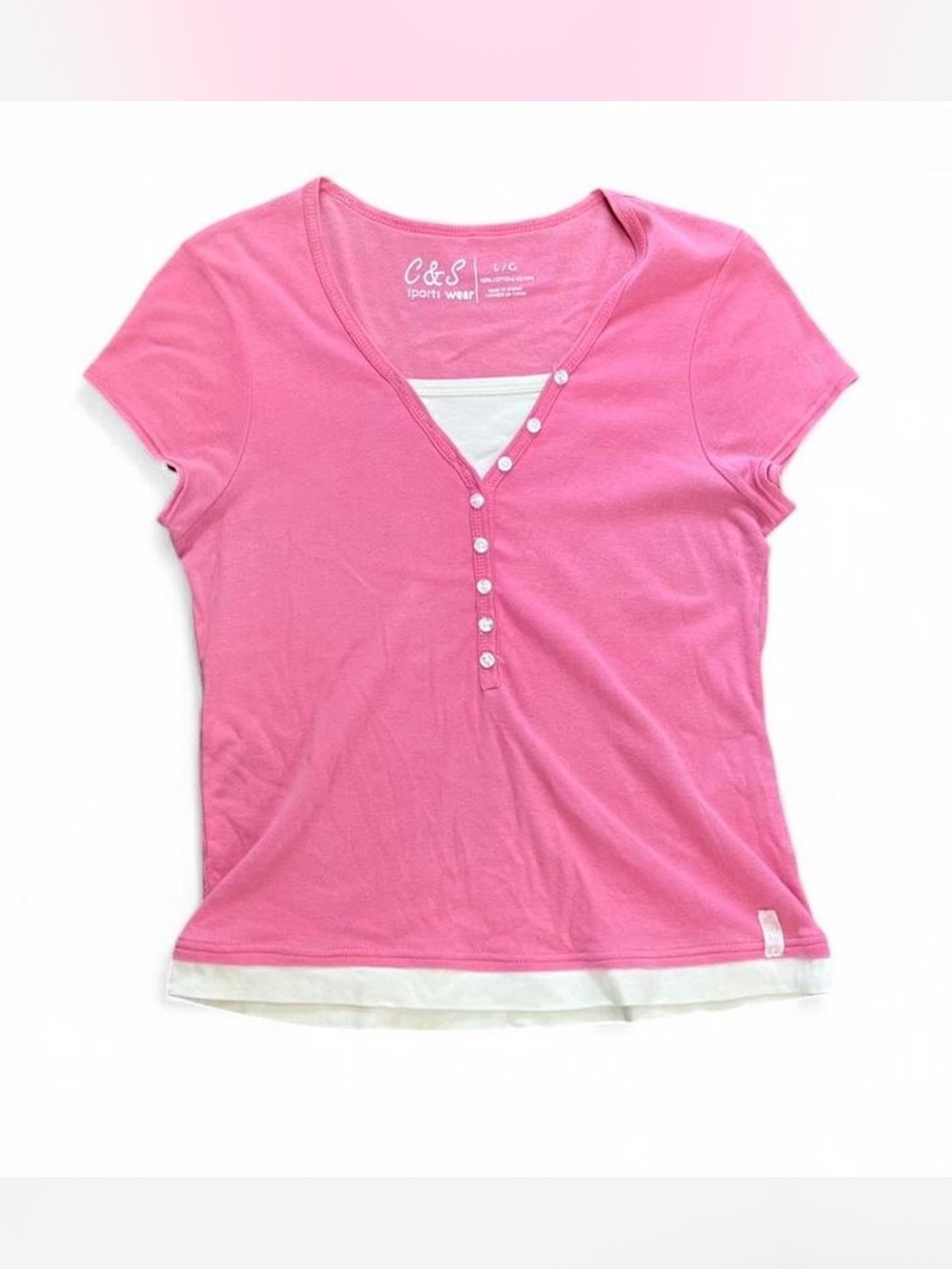 C&S Pink Short-Sleeve Layered Henley Tee